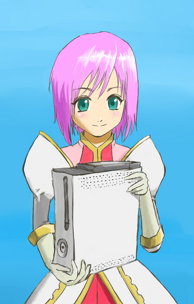 yossy (rojion room), estellise sidos heurassein, tales of (series), tales of vesperia, 00s, 1girl, game console, gloves, green eyes, pink hair, short hair, xbox 360