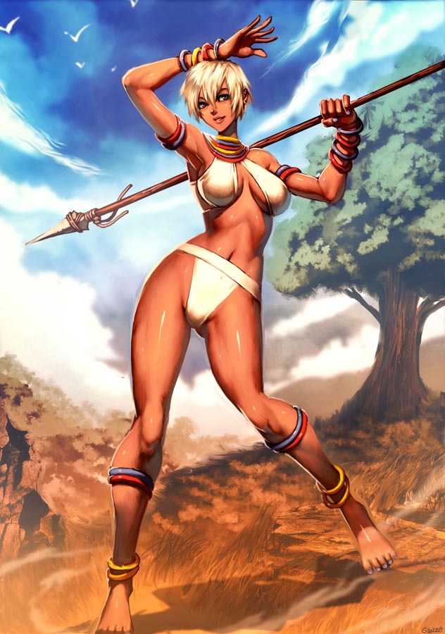 genzoman, elena (street fighter), capcom, street fighter, street fighter iii (series), 1girl, anklet, bangle, barefoot, bikini, bracelet, breasts, cleavage, dark-skinned female, dark skin, day, feet, female focus, jewelry, large breasts, legs, lips, nail polish, neck ring, polearm, short hair, sky, solo, spear, swimsuit, toes, tree, weapon, white hair