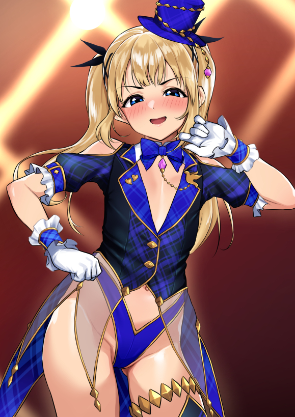 hadacra, marie rose, dead or alive, 1girl, blonde hair, blue eyes, blush, breasts, coattails, gloves, hat, highleg, long hair, looking at viewer, open mouth, revealing clothes, showgirl, small breasts, smile, solo, top hat, twintails, vest