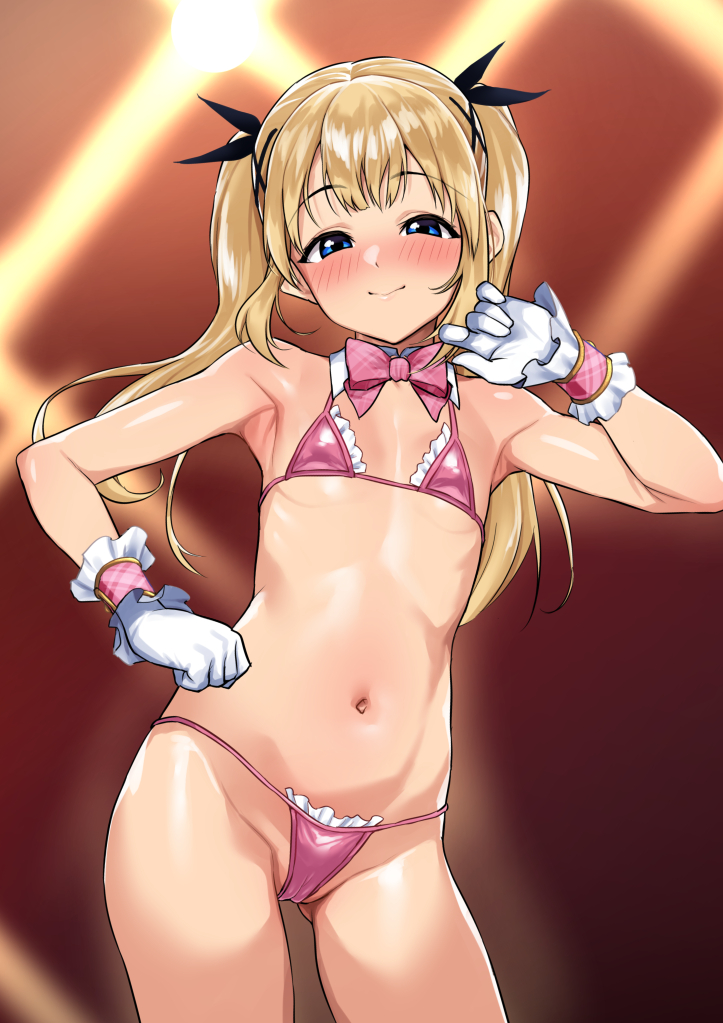 hadacra, marie rose, dead or alive, 1girl, bikini, blonde hair, blue eyes, blush, bow, bowtie, breasts, detached collar, frilled bikini, frills, gloves, long hair, looking at viewer, navel, pink bikini, small breasts, smile, solo, swimsuit, twintails