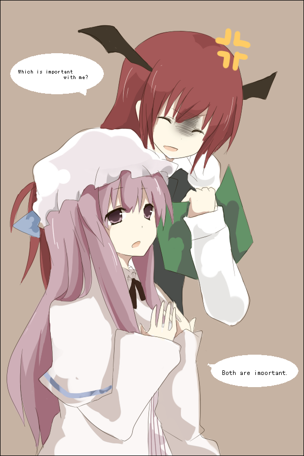 mono (recall), koakuma, patchouli knowledge, embodiment of scarlet devil, touhou, bad id, bad pixiv id, 2girls, english text, female focus, head wings, multiple girls, purple hair, simple background, standing, wings