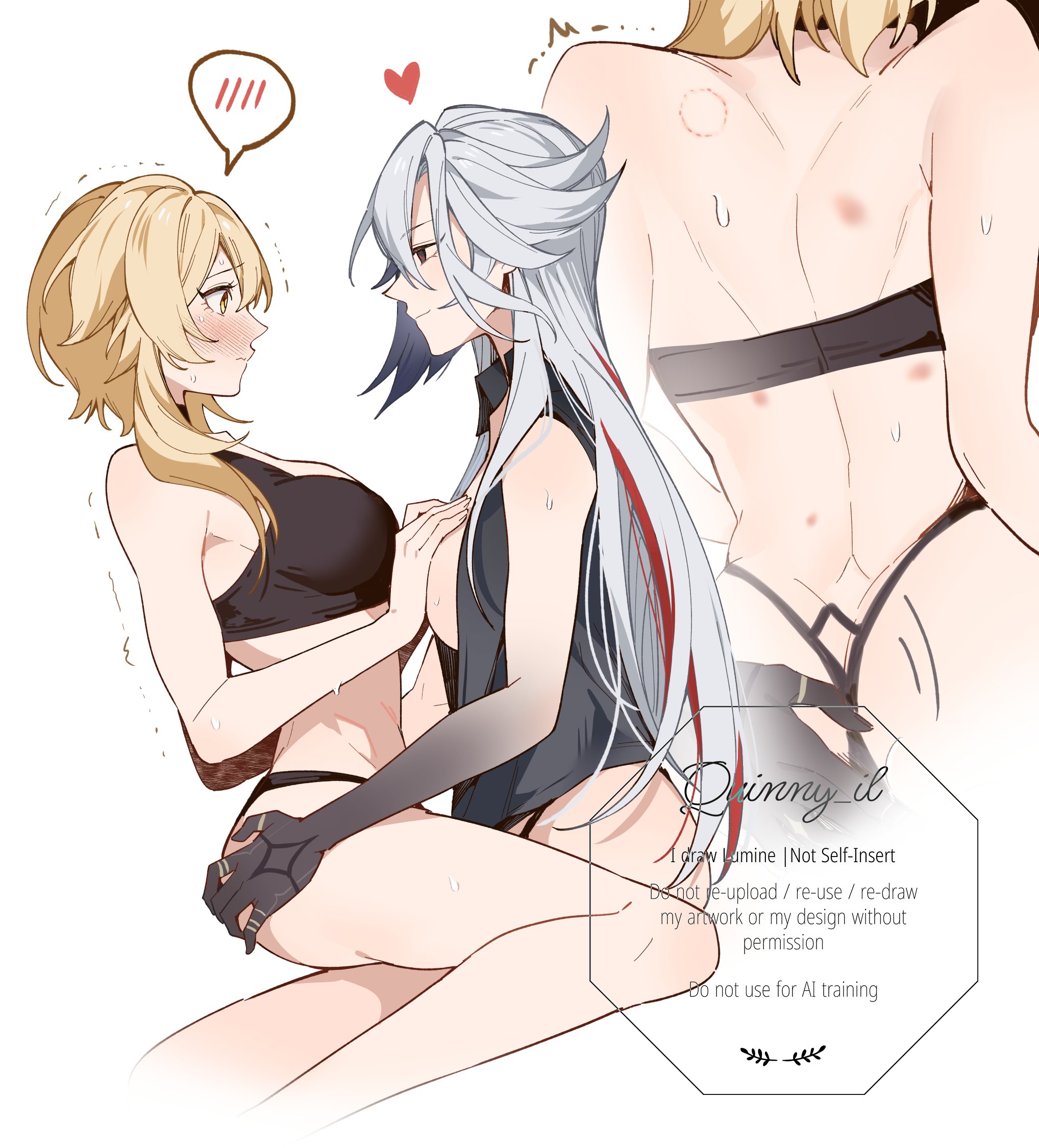 quinny il, arlecchino (genshin impact), lumine (genshin impact), genshin impact, highres, 2girls, ass, black hair, black panties, black shirt, black tank top, blonde hair, breasts, closed mouth, hair between eyes, long hair, medium breasts, multiple girls, panties, shirt, tank top, underwear, white background, white hair, yellow eyes, yuri