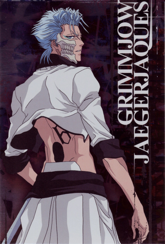 grimmjow jaegerjaquez, bleach, official art, 00s, 1boy, arrancar, back, blue eyes, blue hair, looking back, male focus, matching hair/eyes, number tattoo, skull, solo, tattoo