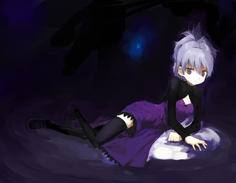 u (the unko), yin (darker than black), darker than black, 00s, 1girl, dress, female focus, flat chest, long hair, purple dress, purple eyes, solo, thighhighs