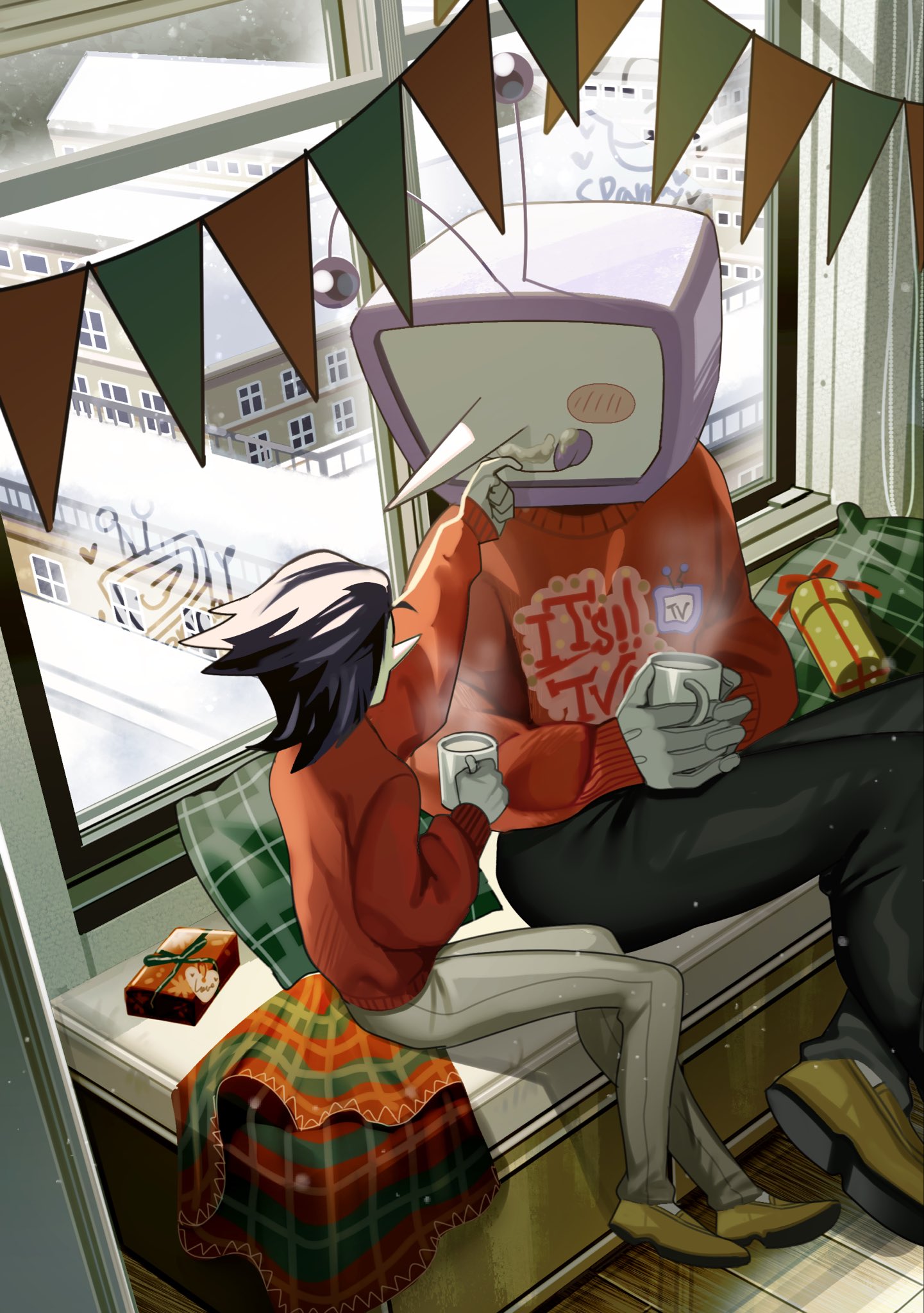 ant tenna, spamton g. spamton, spamton g. spamton (big shot), deltarune, utdr (toby fox), highres, 2boys, black pants, blush stickers, box, building, colored skin, crt, cup, gift, gift box, gloves, holding, holding cup, indoors, long nose, looking at another, male focus, multiple boys, object head, pants, pillow, pointy nose, print sweater, radio antenna, red sweater, shoes, single blush sticker, sitting, snow, solo, steaming cup, string of flags, sweater, tongue, tongue out, valve core, white gloves, white pants, white skin, yaoi, yellow shoes