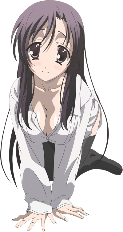 katsura kotonoha, school days, 00s, 1girl, all fours, black hair, breasts, cleavage, female focus, large breasts, long hair, no bra, smile, solo, thighhighs, transparent, transparent background