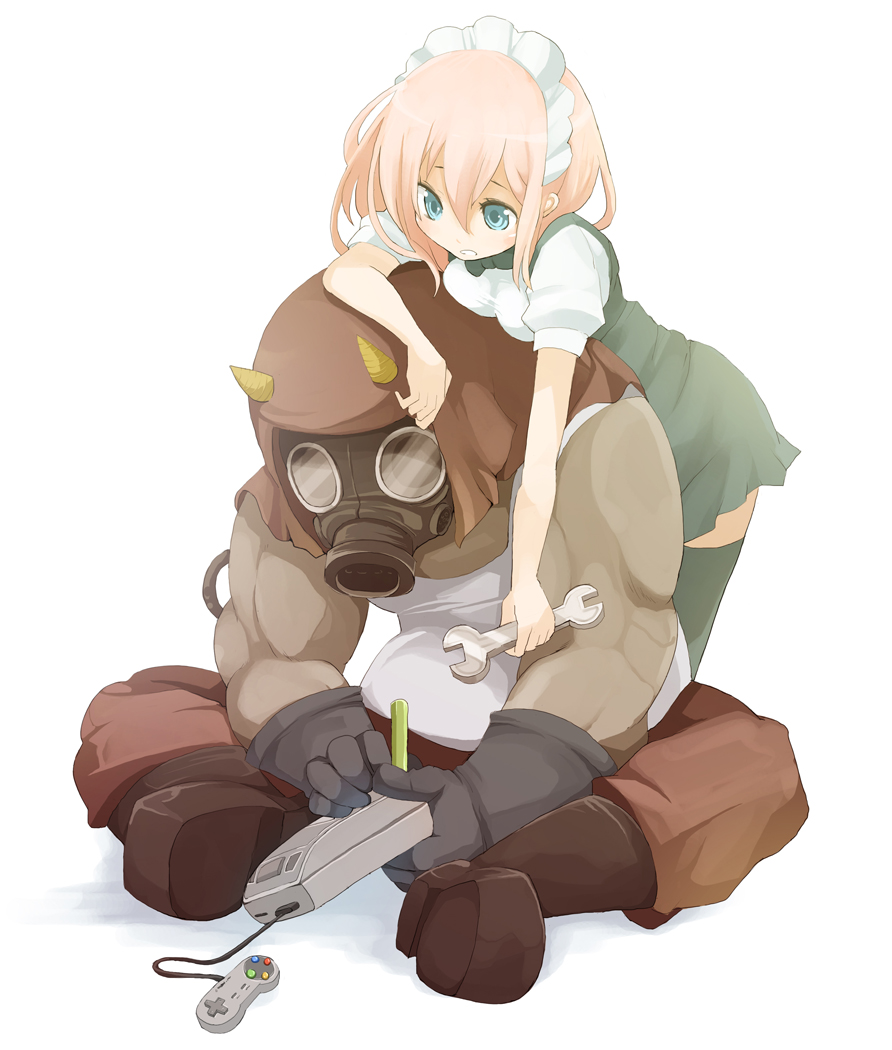 tansuke, takagi (tansuke), nintendo, original, sunabouzu, super famicom, 1boy, 1girl, frills, game console, gas mask, horns, maid, maid headdress, mask, muscular, pink hair, super nintendo, thighhighs, wrench, zettai ryouiki