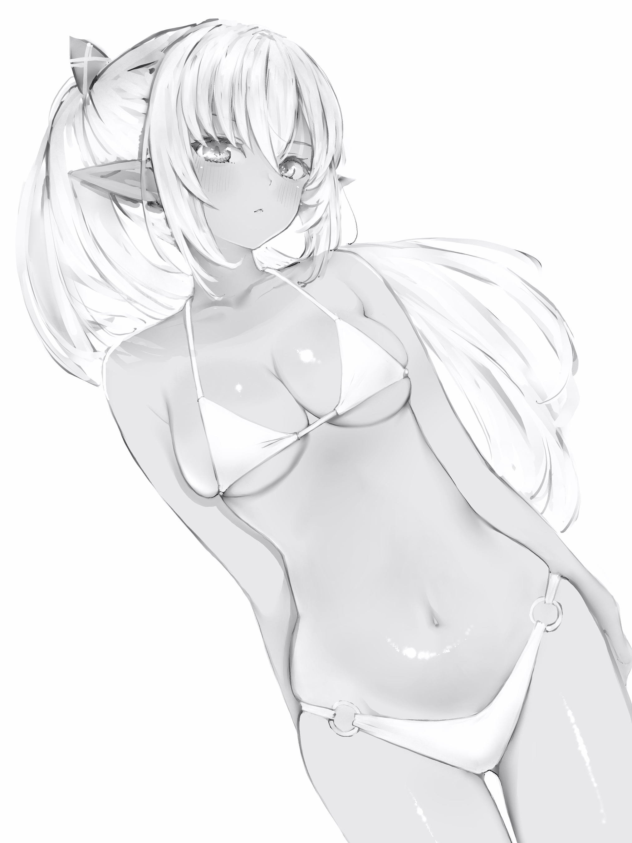 nanashi (nlo), shiranui flare, hololive, absurdres, highres, 1girl, bikini, blush, breasts, cleavage, collarbone, cowboy shot, dark-skinned female, dark skin, elf, greyscale, long hair, looking at viewer, medium breasts, monochrome, navel, o-ring, o-ring bikini, parted lips, pointy ears, ponytail, simple background, solo, swimsuit, virtual youtuber, white background