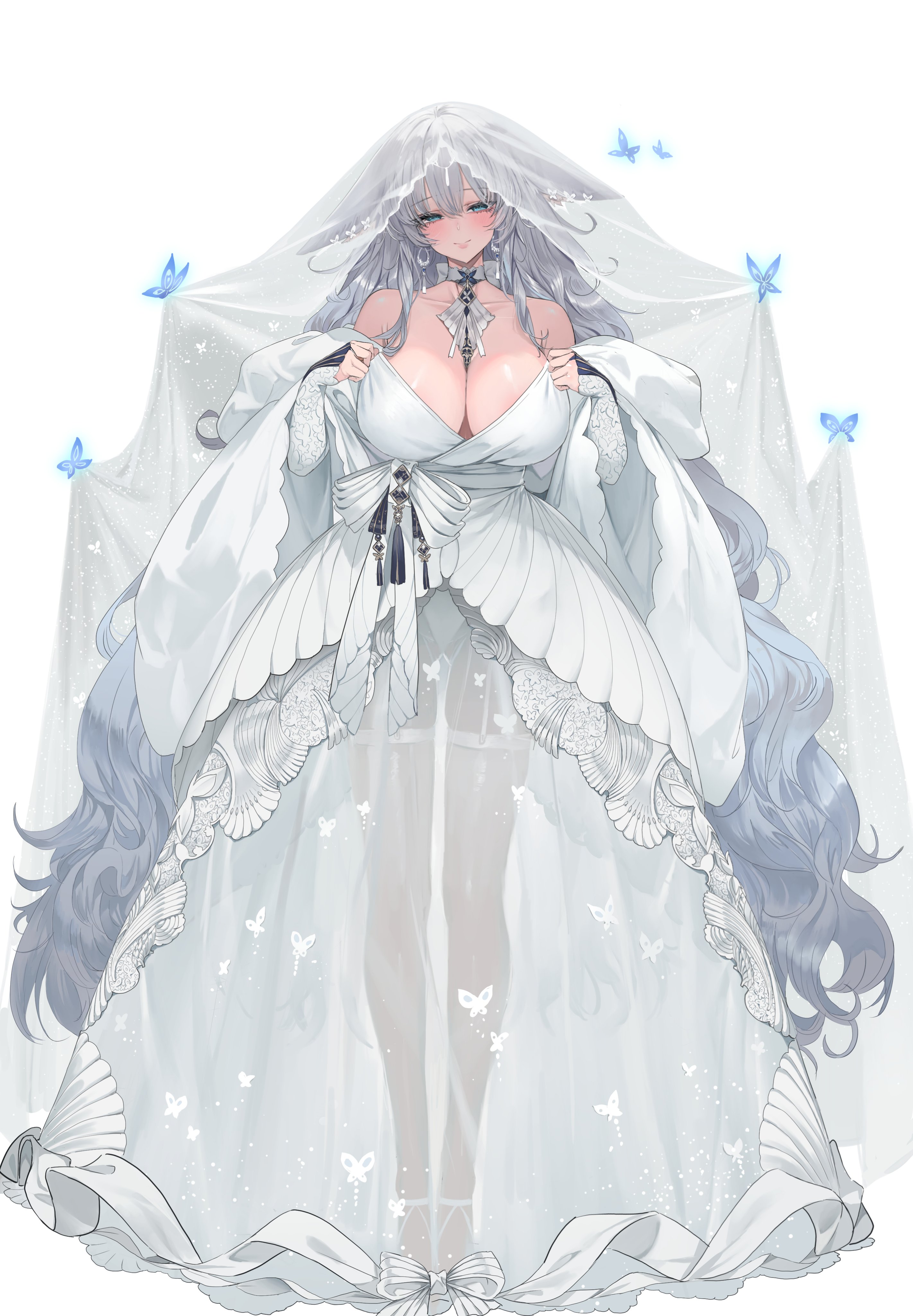 dishwasher1910, shinano (azur lane), azur lane, absurdres, highres, 1girl, absurdly long hair, alternate costume, animal ears, artist name, bare shoulders, blue butterfly, blue eyes, bow, breasts, bridal veil, bride, bug, butterfly, choker, cleavage, closed mouth, dark-skinned female, dark skin, double-parted bangs, dress, empire waist, facing viewer, floppy ears, fox ears, fox girl, full body, garter straps, gown, grey hair, halter dress, halterneck, hands up, insect, large breasts, layered dress, long hair, long sleeves, long veil, looking at viewer, looking to the side, mandarin collar, parted lips, see-through clothes, see-through dress, see-through veil, shawl, sideboob, simple background, smile, solo, standing, tan, translucent, veil, very long hair, w arms, waist bow, wedding dress, white background, white bow, white choker, white garter straps, white shawl