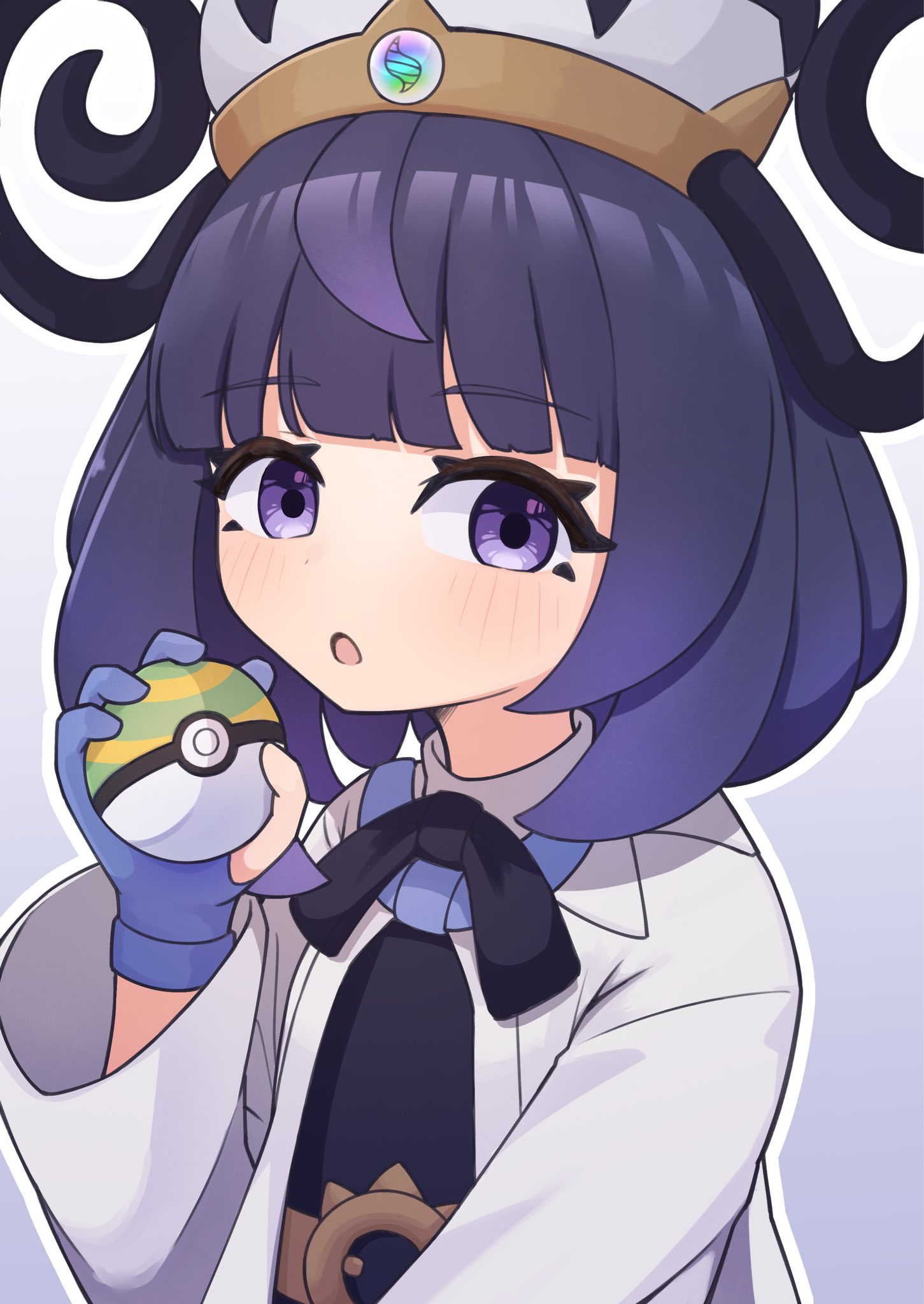 fugakutkt, gwynn (pokemon), nintendo, pokemon, pokemon legends: z-a, highres, 1girl, :o, black dress, blunt bangs, blush, bob cut, coat, dress, gloves, gradient hair, holding, holding poke ball, long sleeves, looking at viewer, mega stone, multicolored hair, nest ball, open clothes, open coat, open mouth, partially fingerless gloves, poke ball, purple eyes, purple hair, solo, upper body, white coat