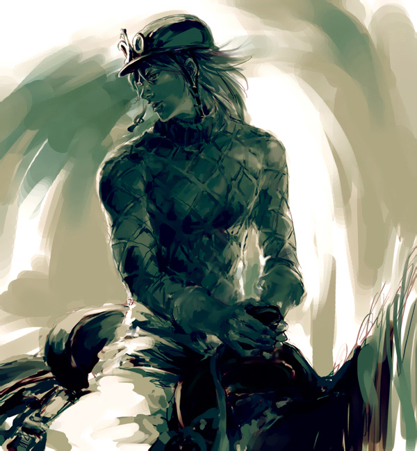 reine (artist), diego brando, jojo no kimyou na bouken, steel ball run, 1boy, argyle clothes, argyle sweater, gloves, hat, horse, male focus, monochrome, riding, short hair, solo, sweater, turtleneck