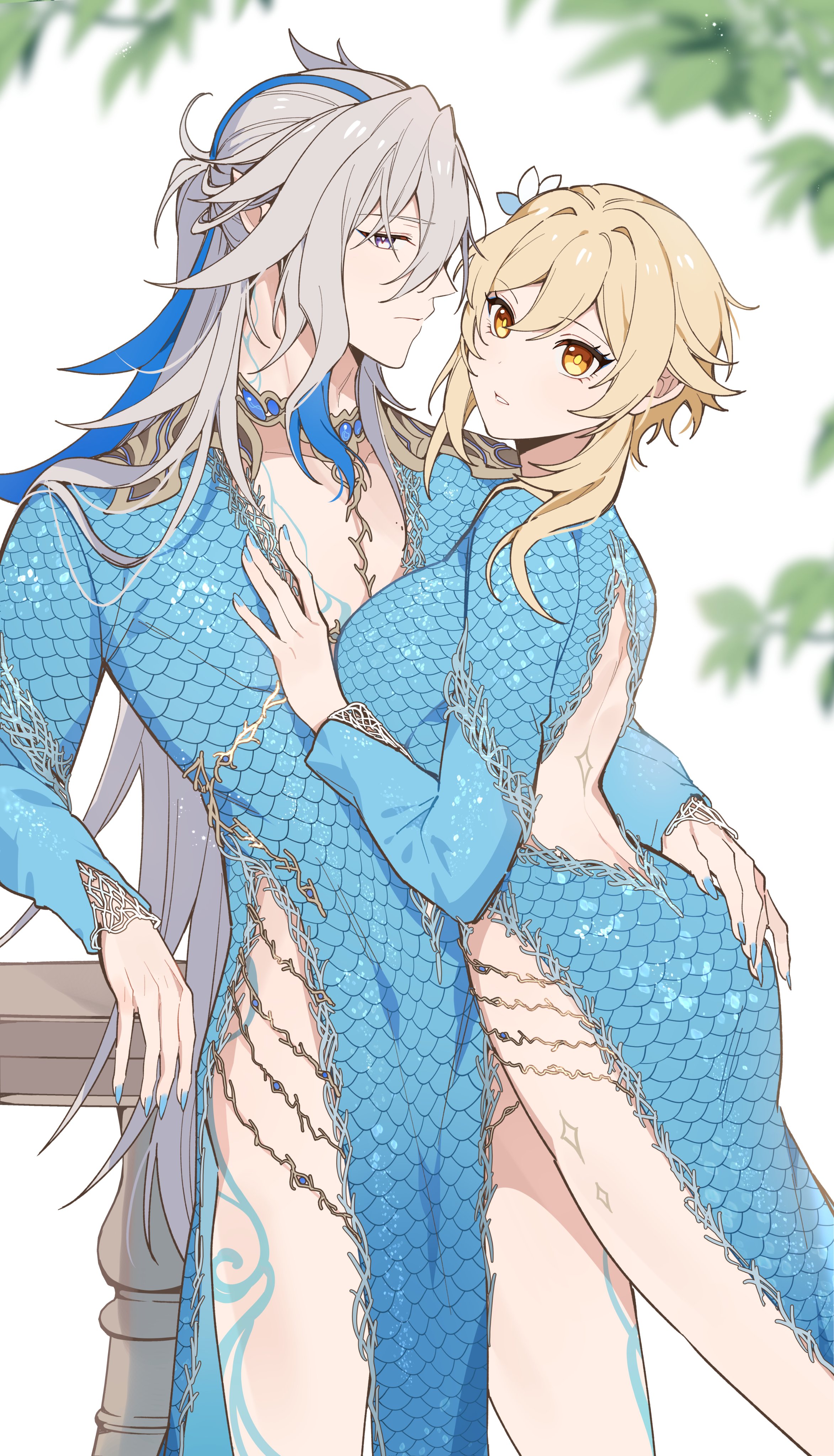 quinny il, lumine (genshin impact), neuvillette (genshin impact), genshin impact, absurdres, highres, 1boy, 1girl, blonde hair, blue dress, blue hair, breasts, closed mouth, crossdressing, crossdressing (mtf), dress, flower, hair between eyes, hair flower, hair ornament, long hair, long sleeves, multicolored hair, pointy ears, purple eyes, streaked hair, white hair, yellow eyes