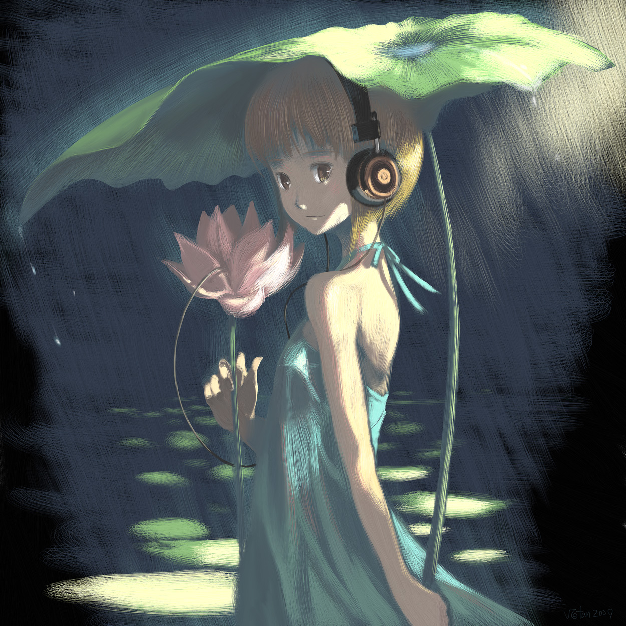 vofan, grado labs, original, highres, 1girl, bare shoulders, blonde hair, brown eyes, dress, female focus, flower, headphones, leaf umbrella, looking back, lotus, rain, short hair, solo