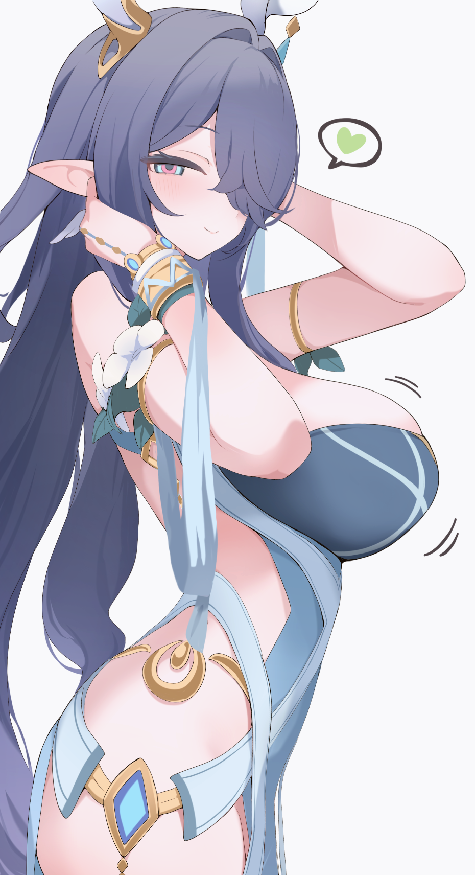 hone kawa, lauma (genshin impact), genshin impact, commentary, highres, 1girl, blue dress, blue eyes, blue hair, bracelet, breasts, closed mouth, dress, from side, hair over one eye, hands up, heart, horns, jewelry, large breasts, long hair, looking at viewer, multicolored eyes, pink eyes, pointy ears, simple background, solo, speech bubble, spoken heart, twintails, two-tone eyes, very long hair, white background