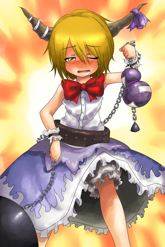 harusame (unmei no ikasumi), ibuki suika, lunasa prismriver, touhou, 1girl, blonde hair, bloomers, bottle, cosplay, drunk, female focus, gourd, ibuki suika (cosplay), one eye closed, solo, underwear, wink