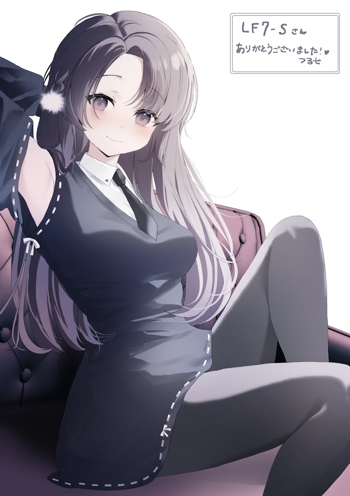 tsuruse, original, commentary request, commission, skeb commission, translated, 1girl, arm behind head, armpits, artist name, black dress, black necktie, black pantyhose, black sleeves, blush, breasts, closed mouth, clothing cutout, commissioner name, couch, dress, knee up, long hair, looking at viewer, medium breasts, necktie, on couch, pantyhose, parted bangs, purple eyes, purple hair, shirt, short necktie, shoulder cutout, simple background, sitting, smile, solo, thank you, white background, white shirt