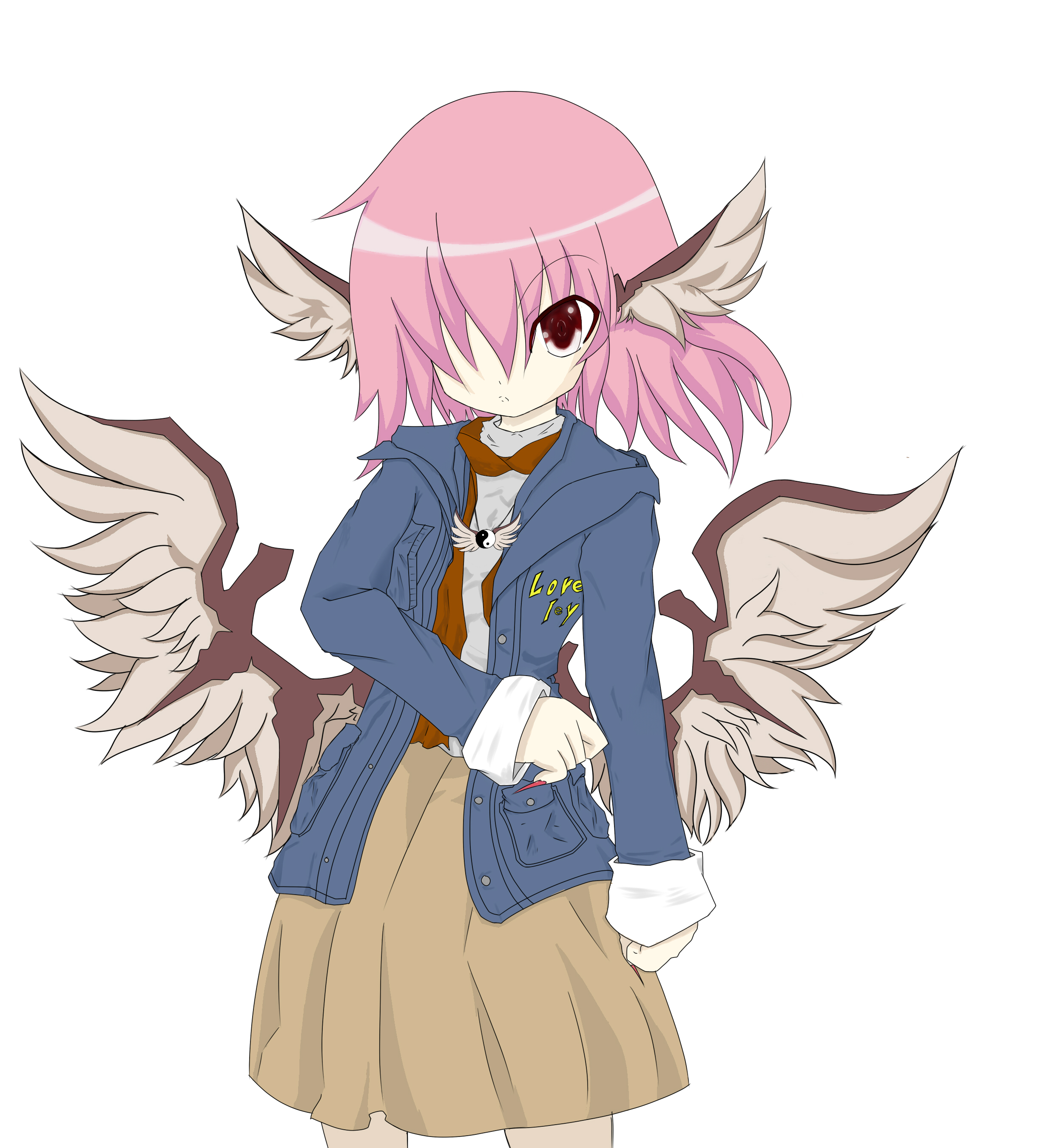 tou no makura, mystia lorelei, touhou, absurdres, bad id, bad pixiv id, highres, 1girl, alternate costume, alternate hairstyle, animal ears, casual, contemporary, female focus, hair over one eye, pink hair, short hair, simple background, solo, standing, white background, wings