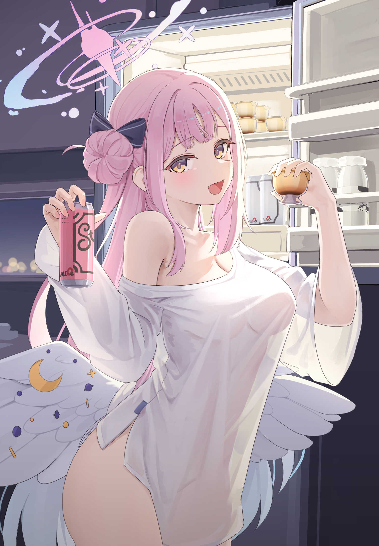 daran9, mika (blue archive), blue archive, commentary request, highres, 1girl, alternate costume, blush, bottle, breasts, can, drink can, feathered wings, food, hair bun, hair ornament, halo, holding, holding can, holding food, indoors, long hair, long sleeves, looking at viewer, low wings, milk bottle, naked shirt, open mouth, pink hair, pink halo, pudding, refrigerator, see-through clothes, see-through shirt, see-through silhouette, shirt, single bare shoulder, single hair bun, single off shoulder, single side bun, smile, solo, white wings, wing ornament, wings, yellow eyes