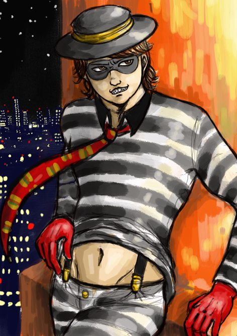 satou momonnyo, alex delarge, hamburglar, a clockwork orange, mcdonald's, bad id, bad pixiv id, 1boy, city, male focus, mask, midriff, necktie, parody, sketch, solo