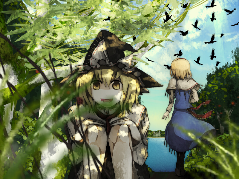 tokoroten (hmmuk), alice margatroid, kirisame marisa, touhou, bad id, bad pixiv id, 2girls, bird, blonde hair, dappled sunlight, day, dress, female focus, hat, multiple girls, short hair, sky, sunlight, witch, witch hat, yellow eyes
