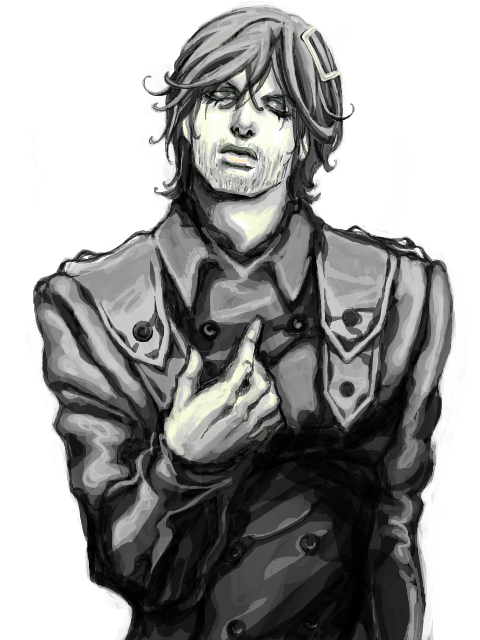 ks (xephyrks), disco (steel ball run), jojo no kimyou na bouken, steel ball run, beard, facial hair, greyscale, male focus, military, military uniform, monochrome, solo