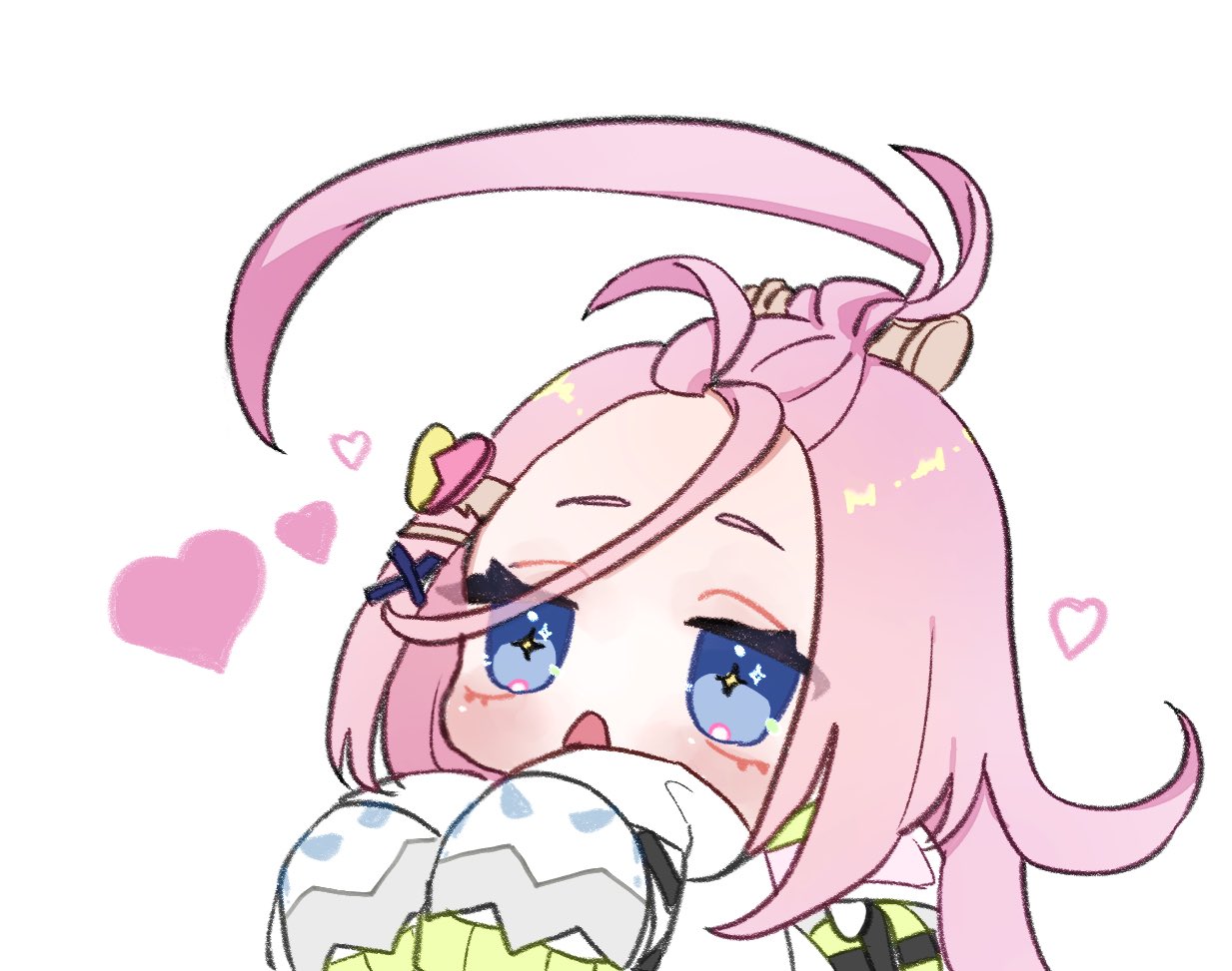 aino (genshin impact), genshin impact, commentary, + +, 1girl, ahoge, antenna hair, blue eyes, colored eyelashes, forehead, hair between eyes, hair ornament, hairclip, heart, jacket, long hair, open mouth, pink eyes, pink hair, screw hair ornament, simple background, sleeves past fingers, sleeves past wrists, solo, sometannnn, symbol-shaped pupils, white background, white jacket, x hair ornament