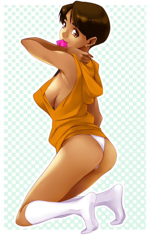 yurikawa, toono mizuki, super real mahjong, 1girl, ass, breasts, brown eyes, brown hair, checkered background, condom, condom in mouth, condom wrapper, dark-skinned female, dark skin, earrings, feet, female focus, from behind, hood, hoodie, jewelry, kneehighs, kneeling, large breasts, looking back, mouth hold, panties, short hair, sideboob, socks, solo, thong, underwear