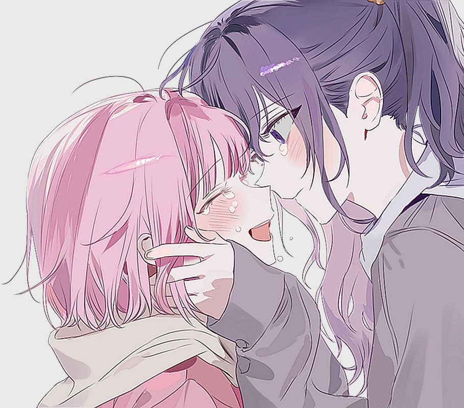 asahina mafuyu, ootori emu, project sekai, commentary, 1005 0827, 2girls, blush, closed eyes, closed mouth, grey background, grey hoodie, hood, hoodie, long hair, looking at another, multiple girls, open mouth, pink hair, ponytail, purple eyes, purple hair, short hair, simple background, smile, tears, yuri