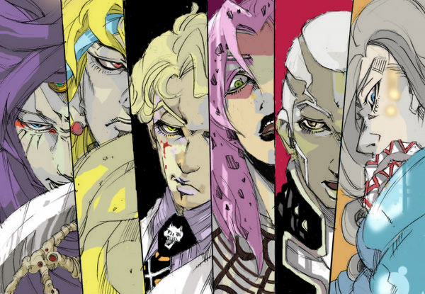 makkamu, diavolo, dio brando, enrico pucci, funny valentine, kars (jojo), kira yoshikage, jojo no kimyou na bouken, steel ball run, bad id, bad pixiv id, 6+boys, clenched teeth, column lineup, dark-skinned male, dark skin, from behind, looking at viewer, male focus, multiple boys, pale skin, short hair, teeth, upper body, very short hair, white hair