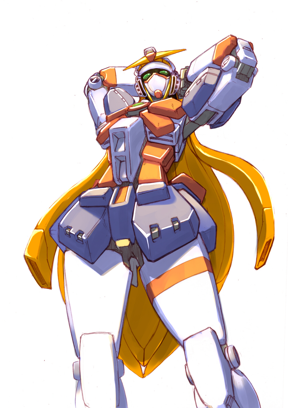 l.a.r.c., nobel gundam, g gundam, gundam, bad id, bad pixiv id, highres, 1990s (style), arms behind head, from below, looking down, mecha, no humans, retro artstyle, robot, simple background, solo