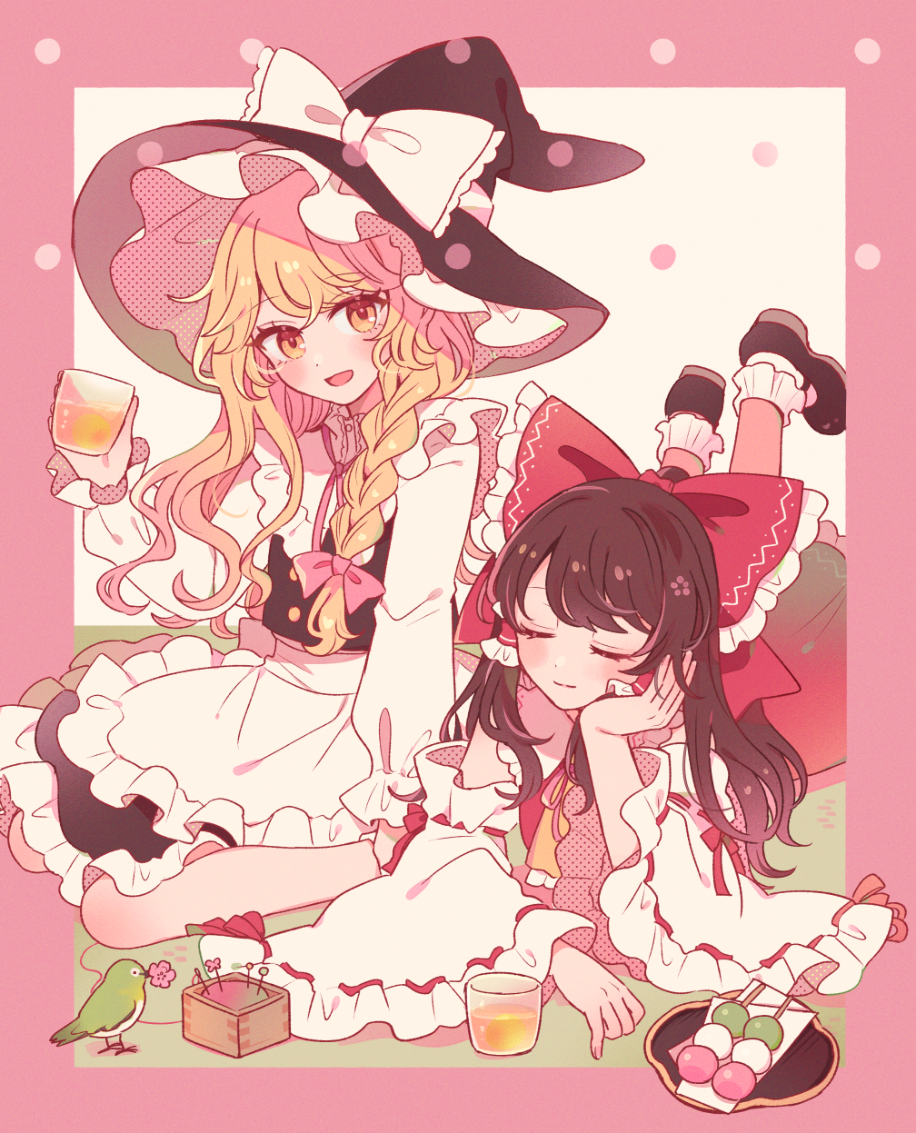 mozukuzu (manukedori), hakurei reimu, kirisame marisa, touhou, highres, 2girls, black dress, black shoes, blonde hair, blush, brown hair, closed eyes, cup, dress, frilled dress, frills, hair ribbon, hat, long hair, multiple girls, open mouth, pink ribbon, red dress, red ribbon, ribbon, shoes, smile, white ribbon, witch, yellow eyes