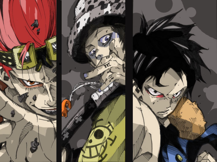 makkamu, eustass kid, monkey d. luffy, trafalgar law, one piece, supernova, bad id, bad pixiv id, 3boys, column lineup, everyone, gear second, goggles, goggles on head, grey background, hat, long sideburns, male focus, multiple boys, raglan sleeves, scar, straw hat, tattoo