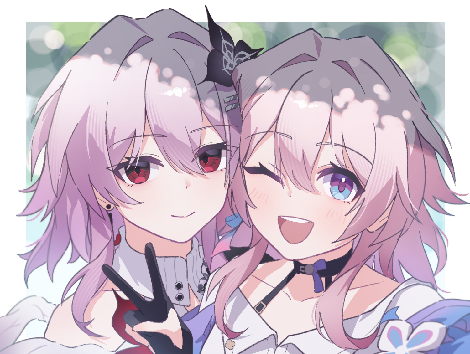ninji665102, evernight (honkai: star rail), march 7th (honkai: star rail), march 7th (preservation) (honkai: star rail), honkai: star rail, honkai (series), commentary request, 2girls, aqua eyes, black choker, black gloves, blue jacket, breasts, choker, closed mouth, collarbone, dual persona, ear piercing, gloves, hair between eyes, hair ornament, jacket, light blush, medium breasts, multicolored eyes, multiple girls, one eye closed, open mouth, partially fingerless gloves, piercing, pink eyes, pink hair, red eyes, smile, upper body, v