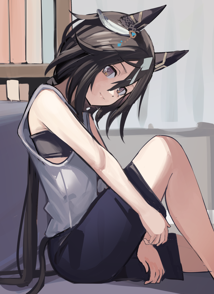 solokitsune, stay gold (umamusume), umamusume, commentary, highres, 1girl, animal ears, black bra, black hair, black shorts, bookshelf, bra, bra peek, feather hair ornament, feathers, green eyes, hair between eyes, hair ornament, horse ears, horse girl, horse tail, knee up, long hair, looking at viewer, low ponytail, ponytail, shirt, shorts, sitting, sleeveless, sleeveless shirt, solo, tail, underwear, very long hair, white shirt