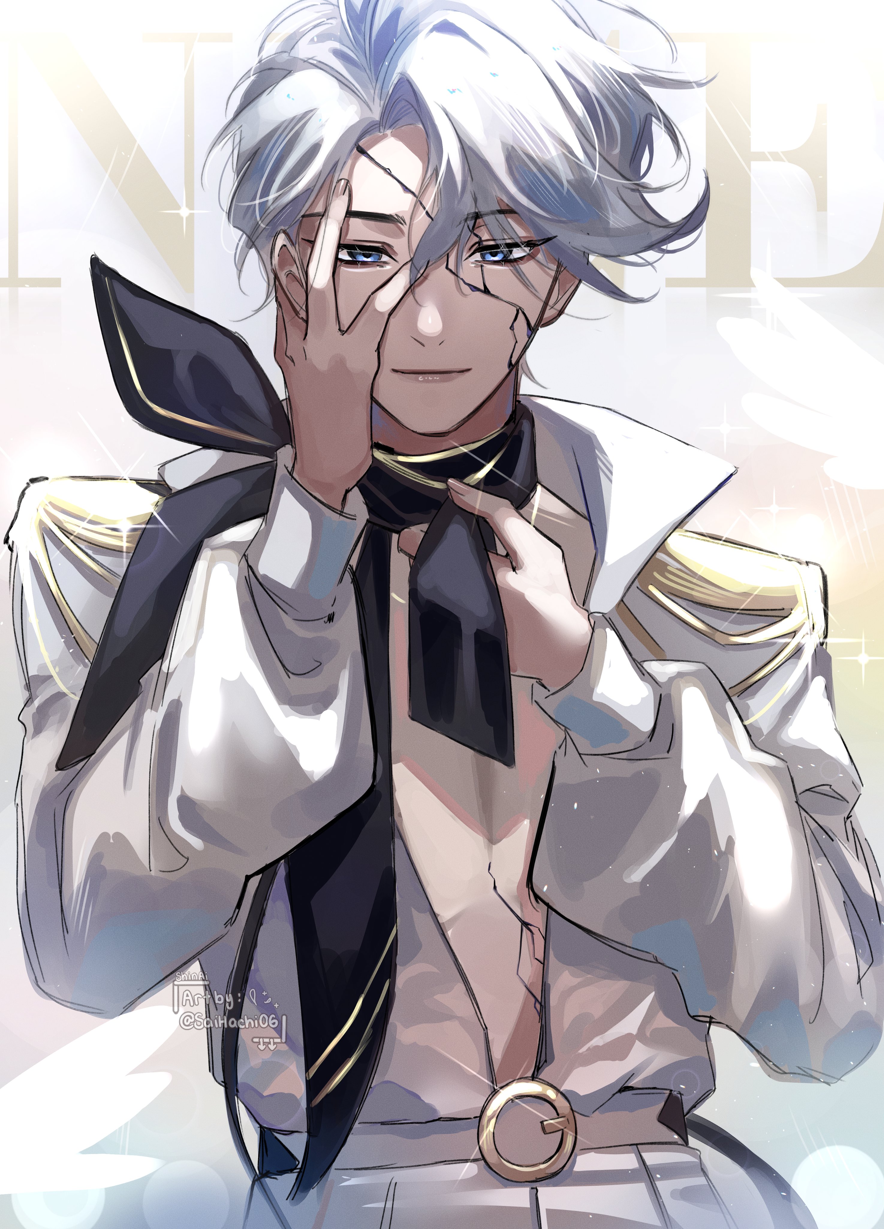 saihachi06, nice (to be hero x), to be hero, to be hero x, absurdres, highres, 1boy, belt, blue eyes, character name, cowboy shot, cracked skin, curtained hair, epaulettes, hand on own face, looking at viewer, male focus, neck ribbon, open clothes, open shirt, pectorals, puffy sleeves, ribbon, shirt, short hair, smile, solo, swept bangs, white hair, white shirt