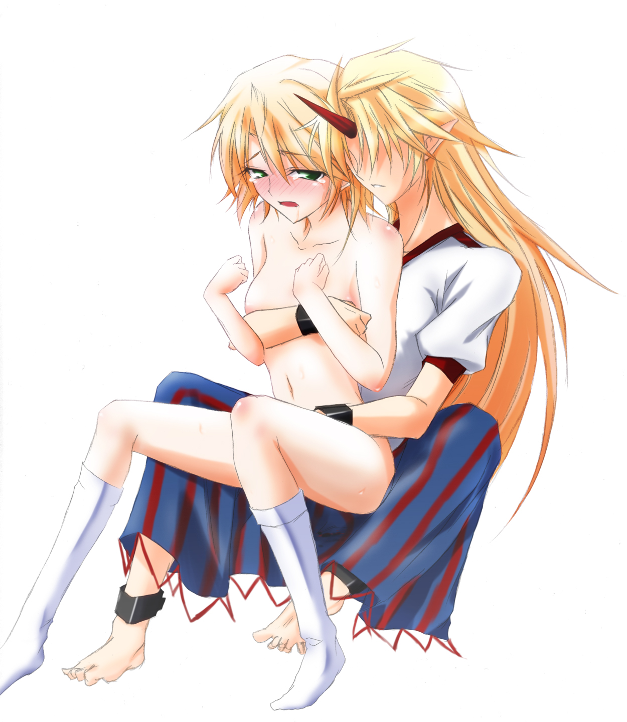 hazuki kasane, takamoto akisa, hoshiguma yuugi, mizuhashi parsee, touhou, highres, 2girls, bad anatomy, bad feet, barefoot, blush, clothed female nude female, clothed on nude, feet, female focus, fingering, flat chest, hair over eyes, horns, long hair, multiple girls, navel, nude, poorly drawn, reach-around, single horn, socks, yuri