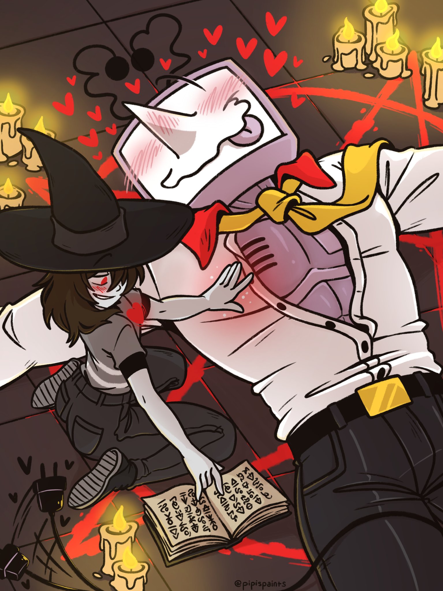 ant tenna, soul (deltarune), vessel (deltarune), deltarune, utdr (toby fox), highres, 1boy, 1other, belt, black belt, black hat, black shoes, blush, book, candle, crt, electric plug, electric plug tail, grey pants, grey shirt, grin, hat, heart, long nose, lying, meme, necktie, object head, on back, other with male, pants, partially unbuttoned, pipispaints, pointy nose, red eyes, shirt, shirt tucked in, shoes, sitting, smile, tail, tail wagging, twitter username, wariza, white shirt, witch hat, yellow necktie