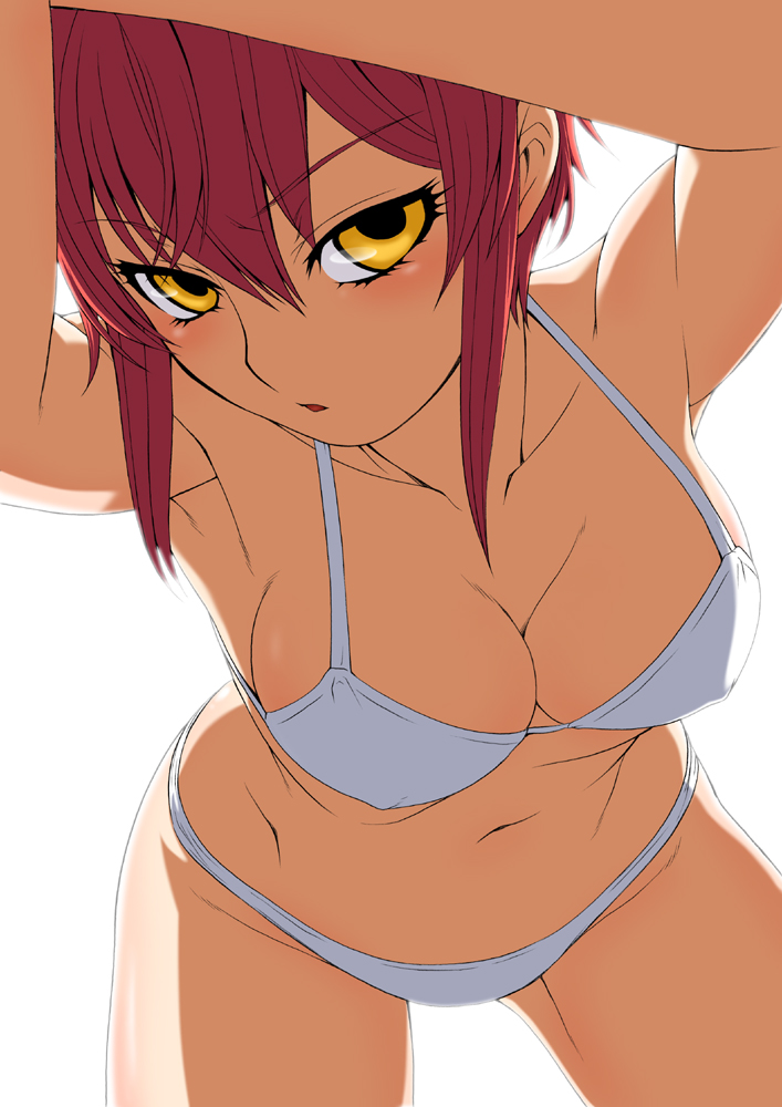 kouda tomohiro, riza wildman, kaibutsu oujo, 00s, 1girl, armpits, bare shoulders, bikini, breasts, cleavage, female focus, foreshortening, looking at viewer, red hair, short hair, solo, swimsuit, white bikini