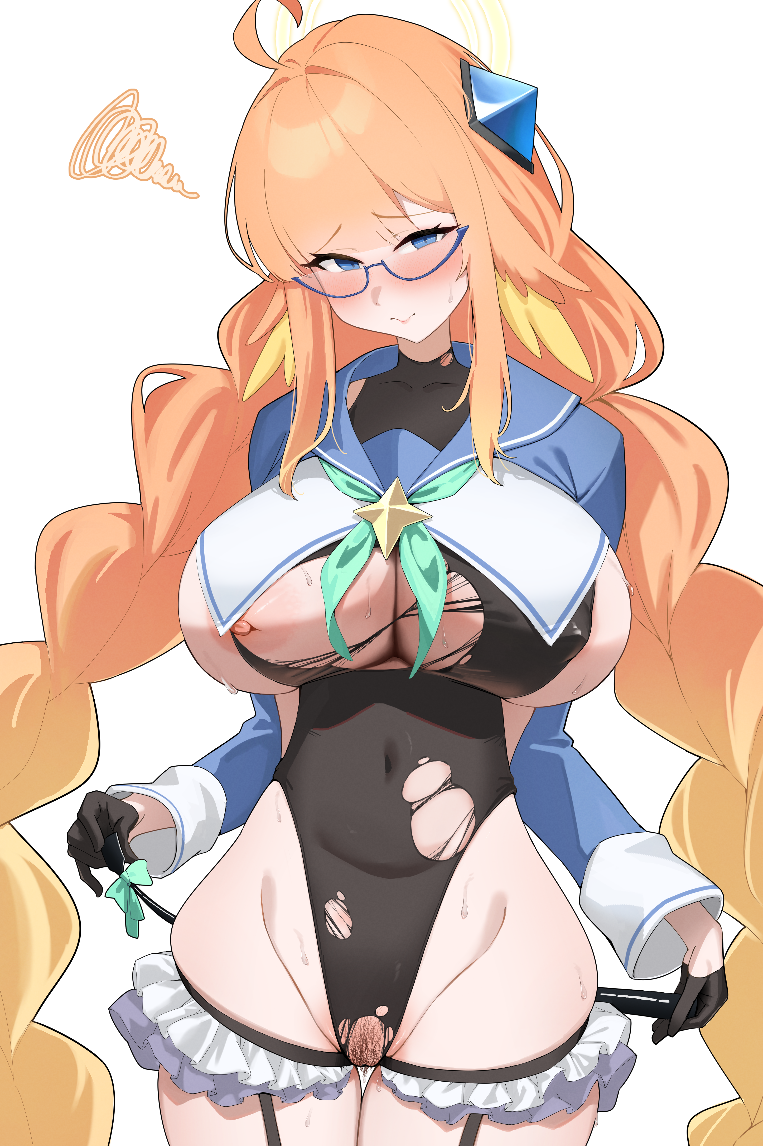 shinroji, shimiko (blue archive), blue archive, absurdres, highres, 1girl, ahoge, black gloves, black leotard, blue eyes, blush, breasts, covered navel, curvy, female pubic hair, glasses, gloves, large breasts, leotard, long hair, long sleeves, looking at viewer, nipples, orange hair, pubic hair, simple background, solo, sweat, torn clothes, torn leotard, white background