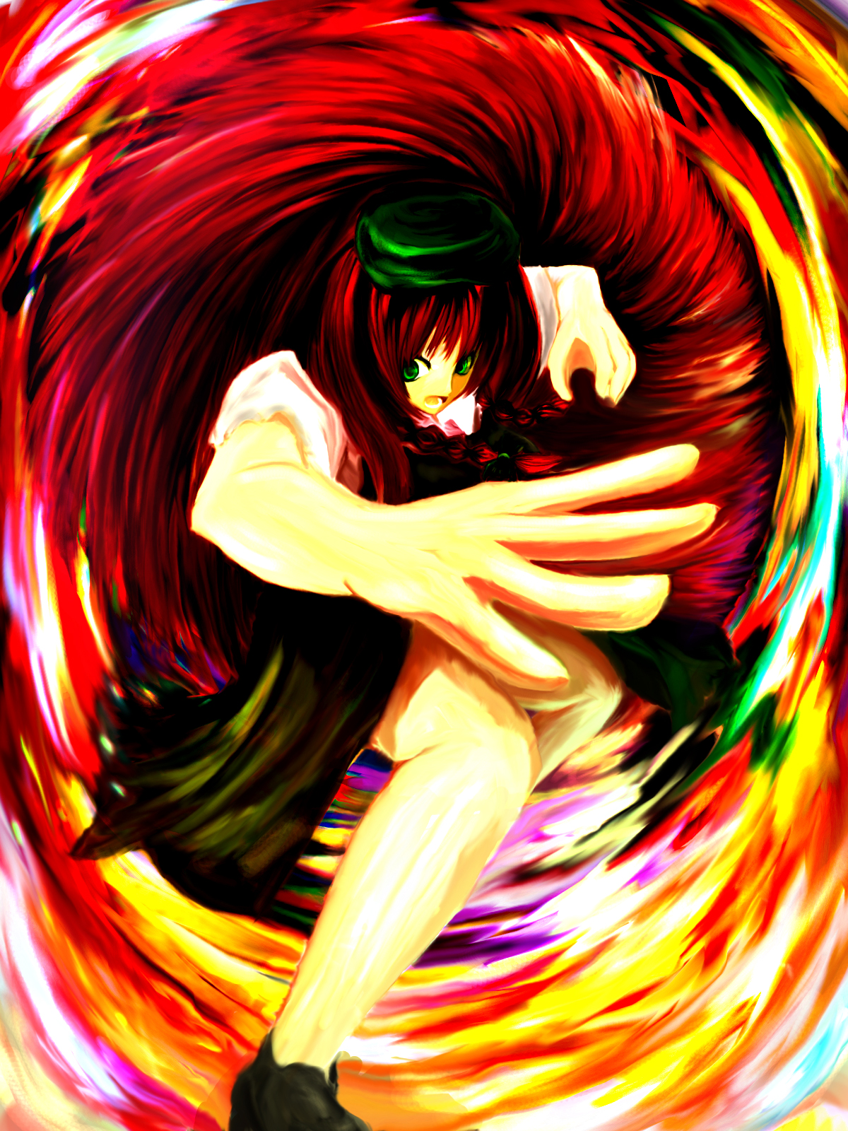 rasha, hong meiling, immaterial and missing power, touhou, highres, 1girl, braid, female focus, green eyes, hat, long hair, red hair, solo, twin braids