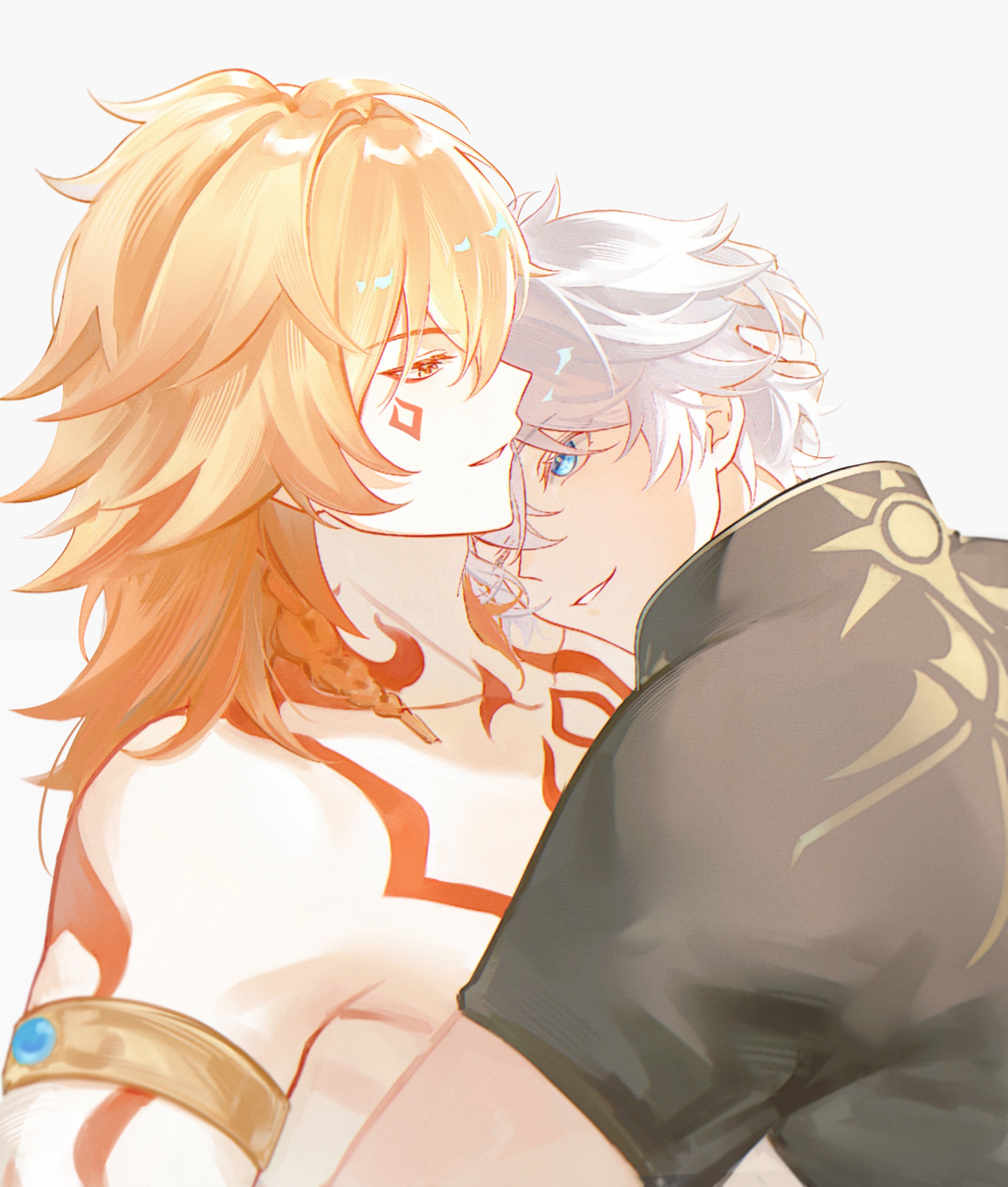 mydei (honkai: star rail), phainon (honkai: star rail), honkai: star rail, honkai (series), absurdres, commentary, highres, symbol-only commentary, 2boys, antenna hair, arm tattoo, armlet, black shirt, blonde hair, blue eyes, braid, chest tattoo, facial tattoo, fuyunlark15430, gradient hair, hug, jewelry, male focus, medium hair, multicolored hair, multiple boys, one eye closed, red hair, red tattoo, shirt, short hair, side braid, simple background, tattoo, white background, white hair, yaoi, yellow eyes