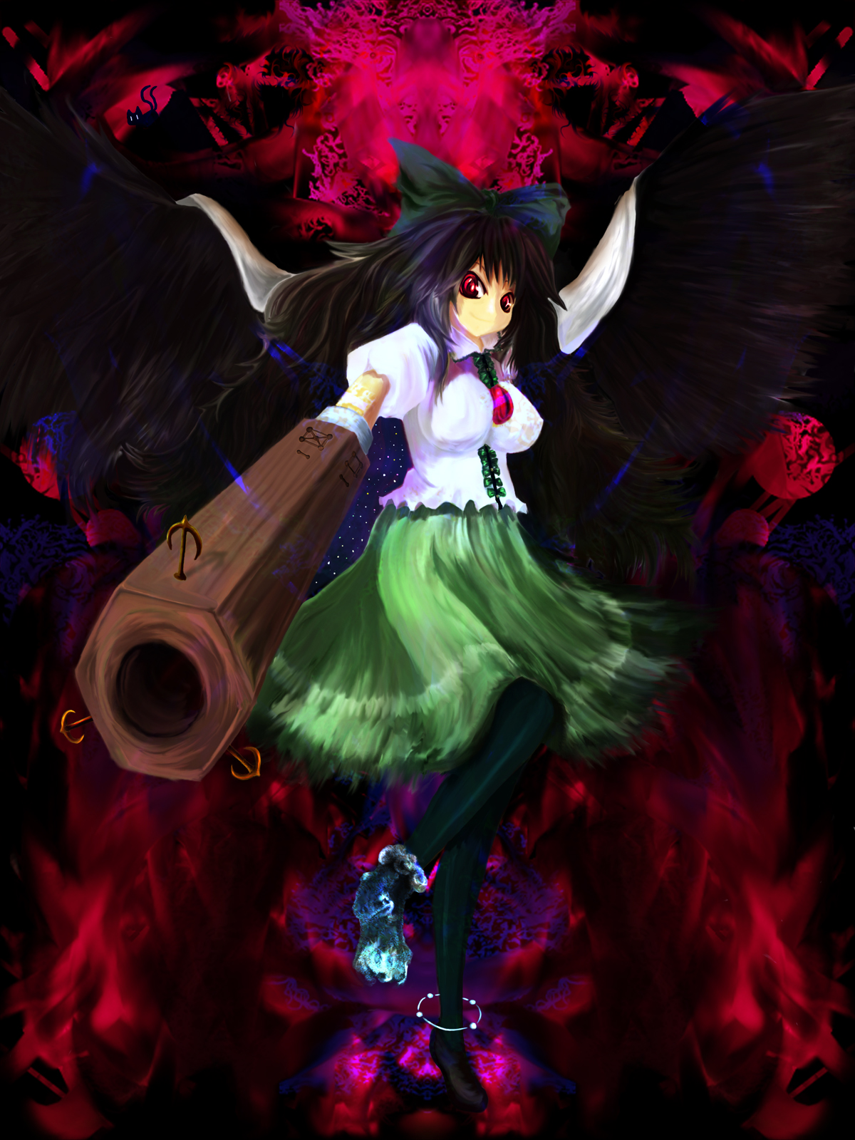 rasha, reiuji utsuho, touhou, highres, 1girl, black hair, bow, breasts, female focus, full body, hair bow, impossible clothes, impossible shirt, long hair, red eyes, shirt, skirt, solo, wings