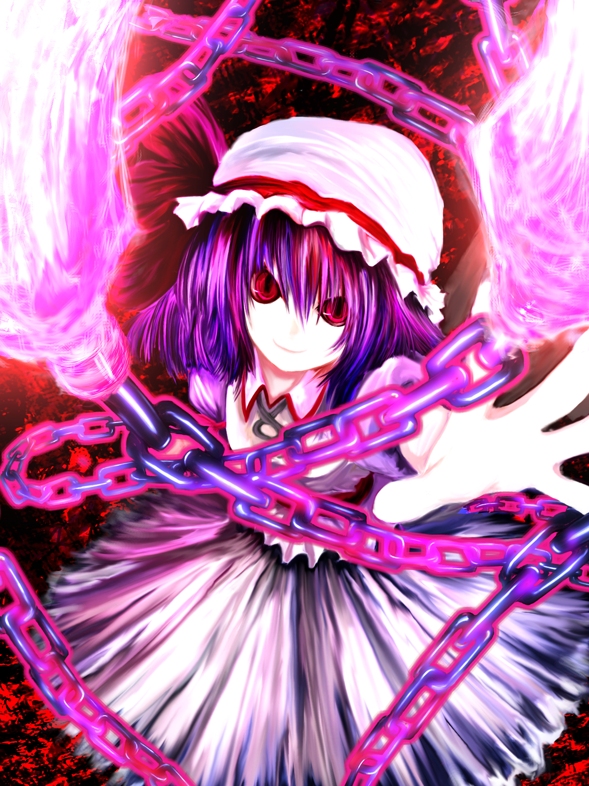 rasha, remilia scarlet, touhou, highres, 1girl, chain, female focus, hat, purple hair, red eyes, short hair, skirt, solo
