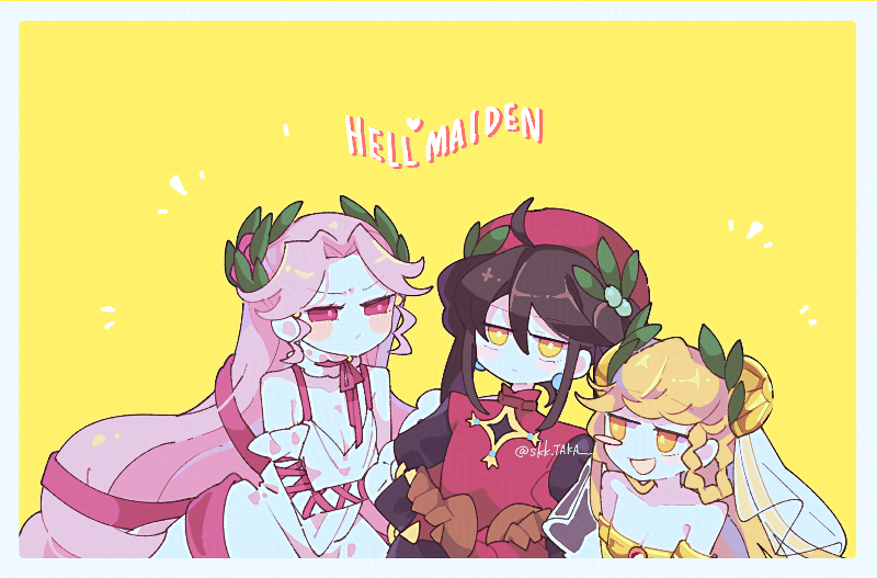 cosmicmind, dante alighieri (hell maiden), hell maiden, 3girls, ahoge, blonde hair, border, braid, braided hair rings, brown hair, hair rings, horace (hell maiden), laurels, long hair, multiple girls, open mouth, pink hair, simple background, smile, twintails, veil, very long hair, virgil (hell maiden), white border, white veil, yellow background, yellow eyes