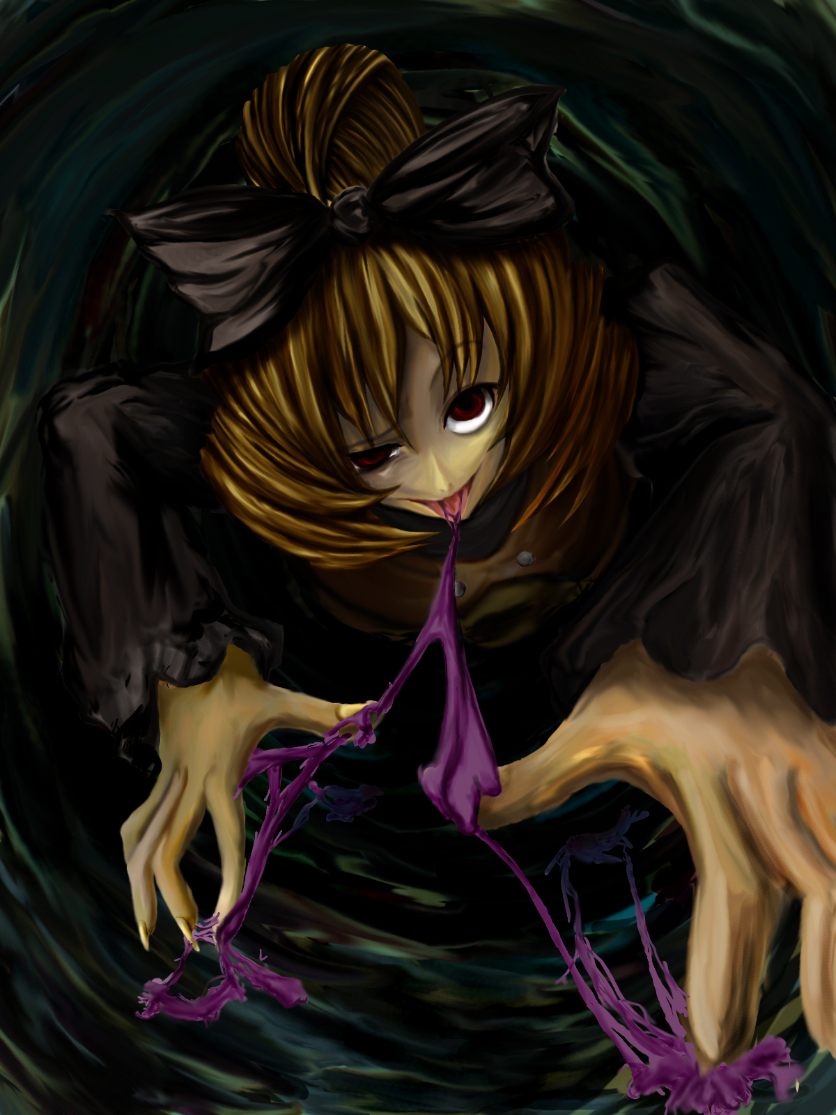 rasha, kurodani yamame, touhou, highres, 1girl, blonde hair, bow, female focus, hair bow, horror (theme), red eyes, short hair, solo