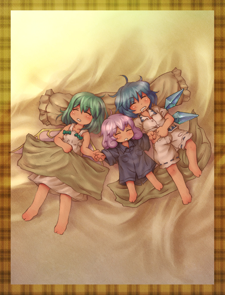 sankuma, cirno, daiyousei, letty whiterock, touhou, 3girls, aged down, barefoot, chibi, fairy, female focus, gradient background, messy hair, multiple girls, saliva, sleeping, wings