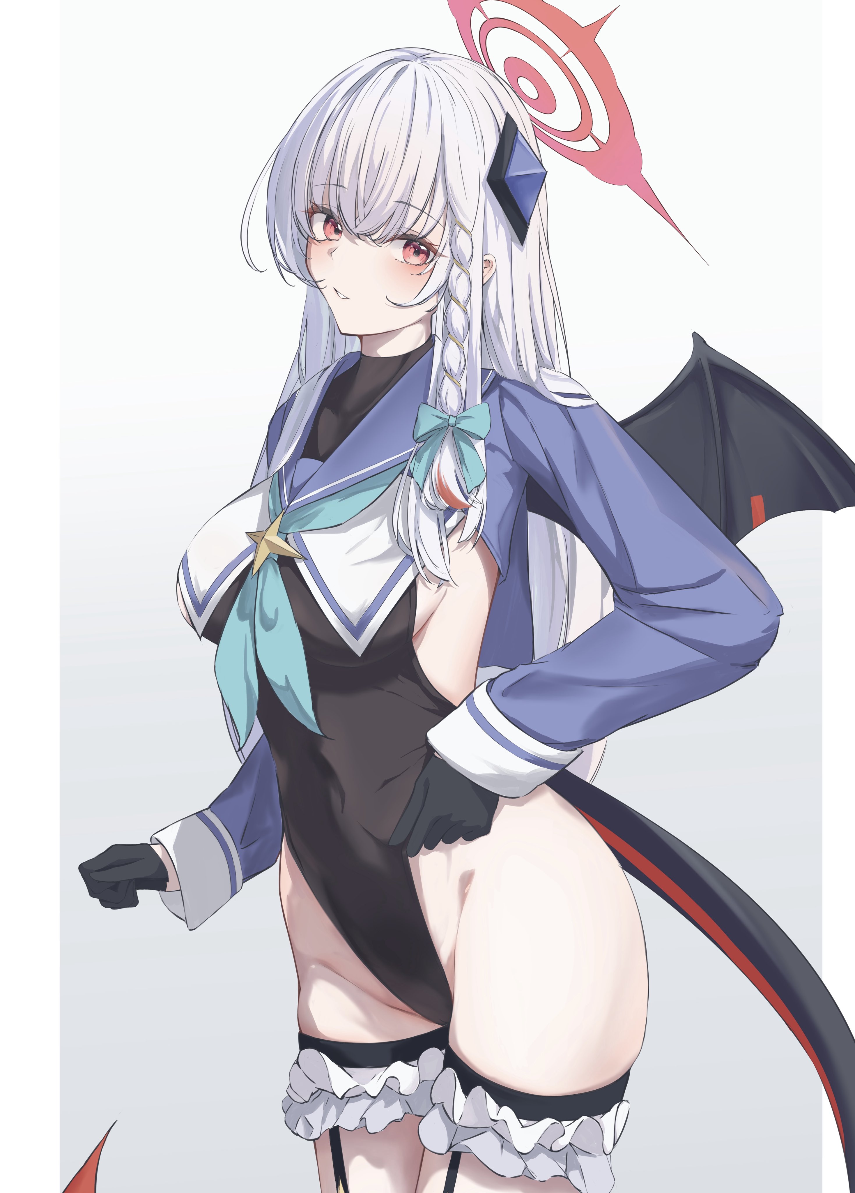 toorisugari no dechikou, haruna (blue archive), shimiko (blue archive), absurdres, highres, 1girl, blush, breasts, cameltoe, cosplay, demon girl, demon wings, halo, highleg, highleg leotard, large breasts, leotard, long hair, looking at viewer, red eyes, shimiko (blue archive) (cosplay), solo, standing, white hair, wings