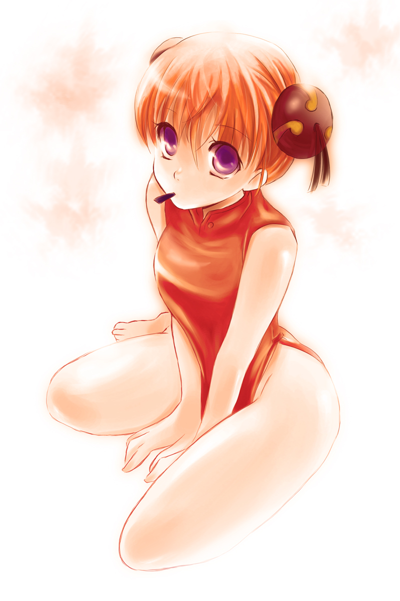 jun can, kagura (gintama), gintama, highres, 00s, bun cover, china dress, chinese clothes, double bun, dress, mouth hold, purple eyes, red hair, seaweed, short hair, sitting, solo, thighs