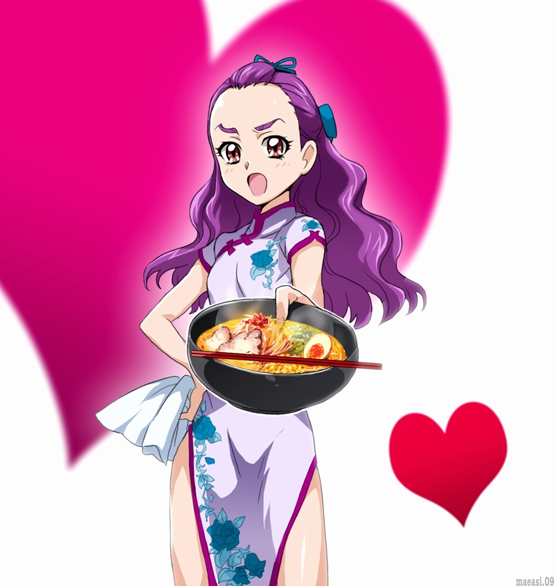 dekochin, maeashi, milk (yes! precure 5), mimino kurumi, precure, yes! precure 5, yes! precure 5 gogo!, 00s, 1girl, :o, china dress, chinese clothes, chopsticks, dress, egg, eyelashes, feeding, female focus, food, forehead, heart, incoming food, long hair, meat, noodles, pov feeding, purple hair, ramen, solo