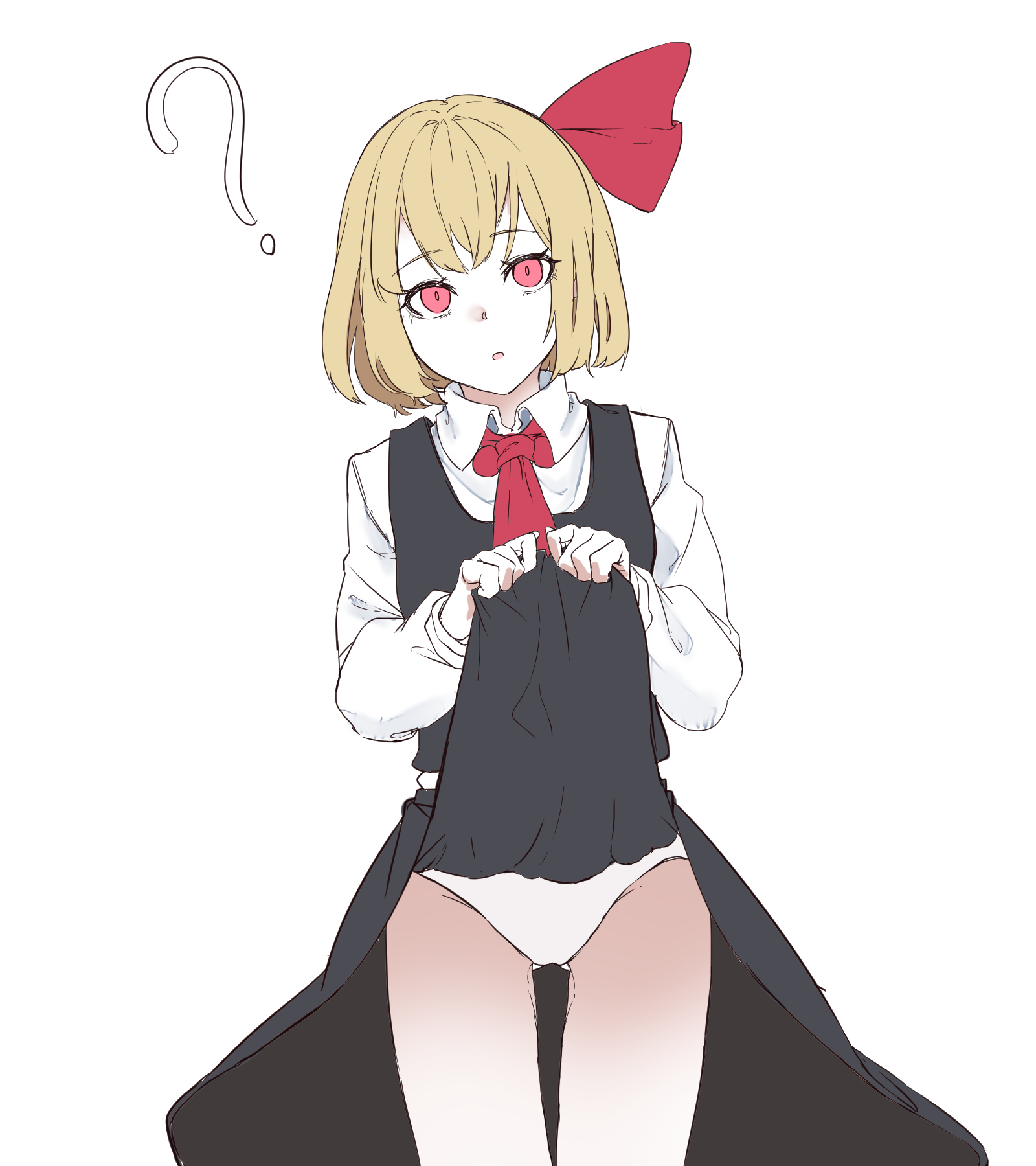 kanaria (bcomn), rumia, touhou, commentary request, highres, 1girl, :o, ?, ascot, black skirt, black vest, blonde hair, clothes lift, collared shirt, expressionless, hair ribbon, long sleeves, looking at viewer, medium hair, panties, parted lips, red ascot, red eyes, ribbon, shirt, skirt, skirt lift, solo, thighs, underwear, vest, white background, white panties, white shirt